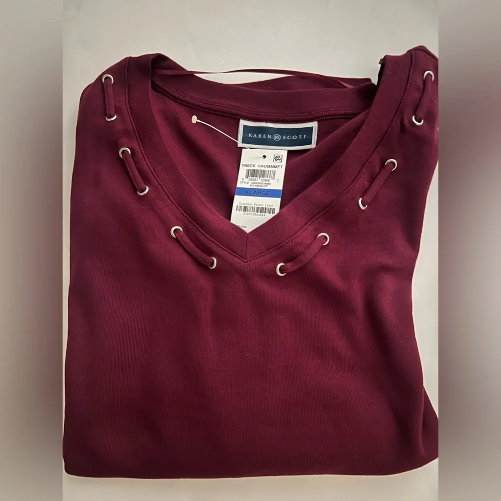 NWT Karen Scott V-Neck Eyelet Trim 3/4 Sleeve Top in Burgundy Size XL - Picture 7 of 7